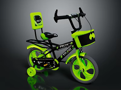 Kids Green And Black Bicycle With Training Wheels Basket And Seat 3d model