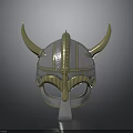 Viking Warrior Helmet Silver Metal Design With Golden Horns And Ornate Carvings