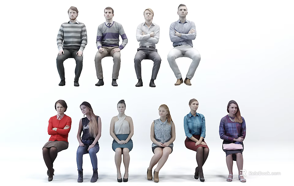 Multiple Seated People Figures With Various Poses And Casual Clothing Styles 3d model 
