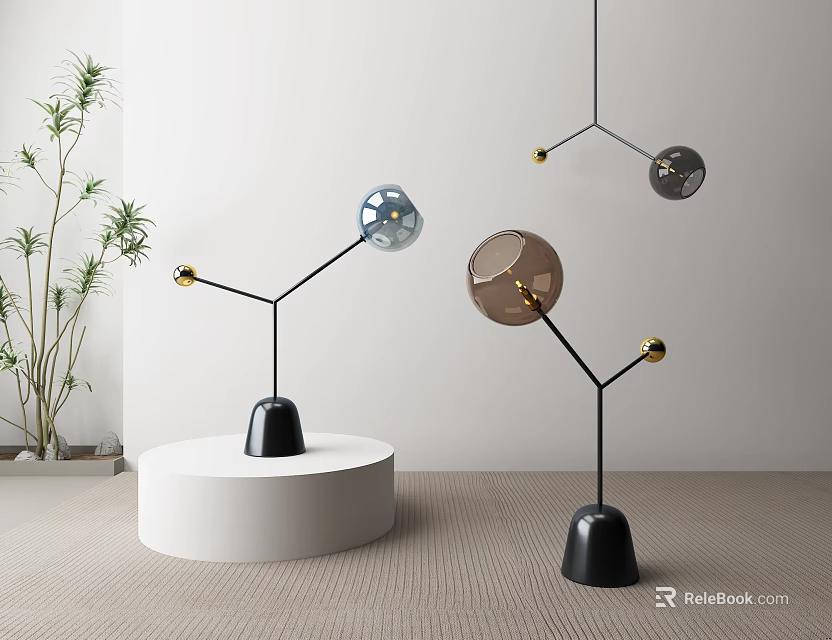 Modern Floor Lamps with Blue Brown Globes Black Base Gold Accents on White Display Stand 3d model 