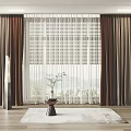 Modern Brown Floor Length Curtains With White Blinds In Bright Room Scenic View Decorative Vase And Rug