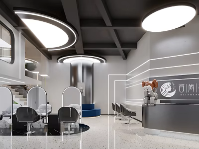 Modern Hair Salon with Styling Chairs Mirrors Reception Desk and Elegant Lighting in Contemporary Decor 3d model