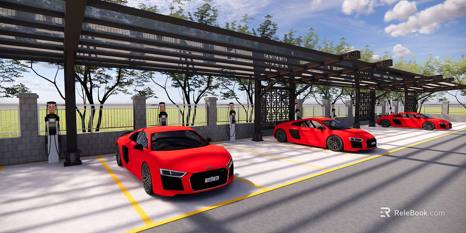 Covered Parking Area with Red Sports Cars Metal Shelter Trees and Grass Field 3d model 
