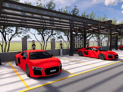 Covered Parking Area with Red Sports Cars Metal Shelter Trees and Grass Field 3d model