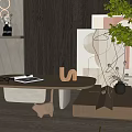 Modern Wooden Oval Coffee Table Interior With Books Glasses Green Plant And Cat Figurine