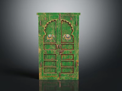 Vintage Green Wooden Double Door Furniture With Hand Painted Decorative Patterns And Distressed Texture 3d model