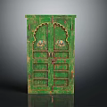 Vintage Green Wooden Double Door Furniture With Hand Painted Decorative Patterns And Distressed Texture