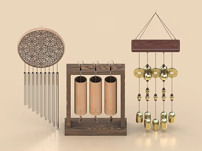 Ornament Decor Set With Circular Carved Wooden Frame Cylindrical Metal Gold Bell Hanging Decor 3d model