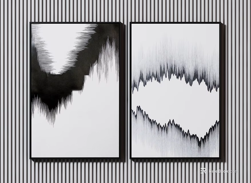 Modern Abstract Wall Art With Black And White Wavy Patterns On Striped Background 3d model