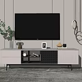 Modern TV Stand With TV Green Plant Decorative Items And Hanging Round Mirrors