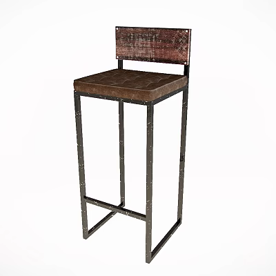 Brown Leather Bar Stool with Metal Frame and Vintage Backrest Design 3d model