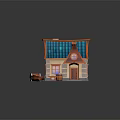 Cartoon House Scene With Blue Roof Orange Eaves Beige Walls Round Windows And Small Boat