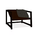 Stylish Lounge Chair With Dark Wooden Frame Brown Seat And Gray Knitted Blanket