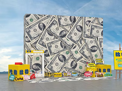 Popular Photo Check-in Spot with Dollar Bill Wall Yellow Boxes and Yellow Door 3d model