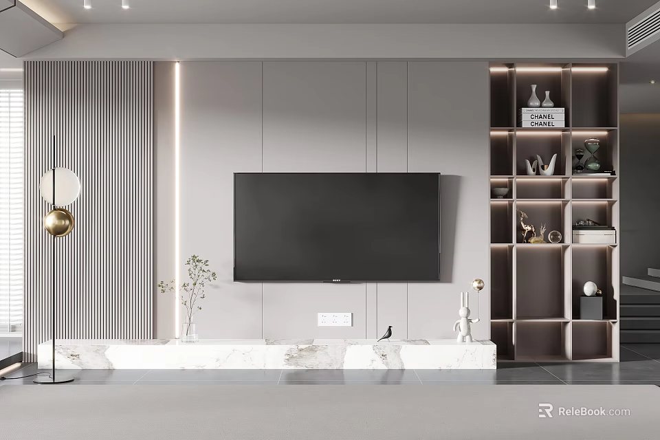 Modern TV Wall Design With Vertical Slats Marble Countertop And Built-in Shelves 3d model 