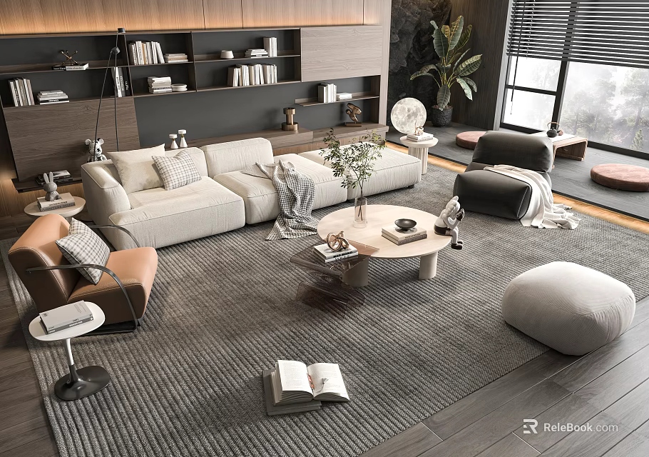 Modern Beige Sofa And Round Coffee Table Set With Rug Armchair Plant And Bookshelf 3d model 