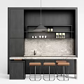 Stylish Bar Counter with Black Cabinetry Marble Top Brown Stools and Shelves with Cups