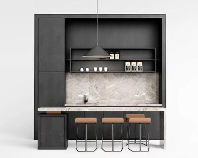 Stylish Bar Counter with Black Cabinetry Marble Top Brown Stools and Shelves with Cups 3d model