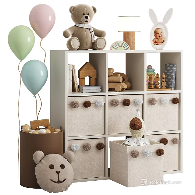 Adorable Stuffed Bear Doll on Kids Storage Shelf with Balloons Toys and Pom Pom Drawers 3d model 