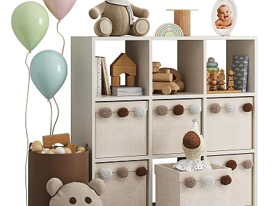 Adorable Stuffed Bear Doll on Kids Storage Shelf with Balloons Toys and Pom Pom Drawers 3d model
