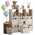 Adorable Stuffed Bear Doll on Kids Storage Shelf with Balloons Toys and Pom Pom Drawers