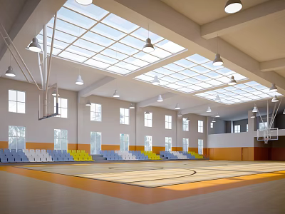 Basketball Gymnasium Interior With Skylights Ceiling Lights Windows Blue Yellow Seats And Wooden Floor 3d model