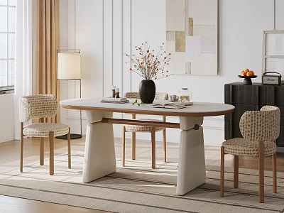 Oval White Dining Table Set With Three Woven Chairs Unique Base And Abstract Painting 3d model