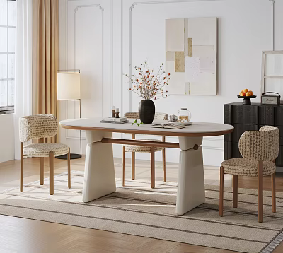 Oval White Dining Table Set With Three Woven Chairs Unique Base And Abstract Painting 3d model