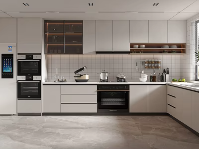 Modern Kitchen Interior Design With White Cabinets Tiled Backsplash Countertop And Appliances 3d model