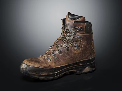 Brown High Top Leather Shoes With Worn Look And Outdoor Non Slip Sole 3d model