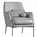 Light Beige Upholstered Accent Chair with Brown Checkered Round Decorative Pillows and Black Metal Legs