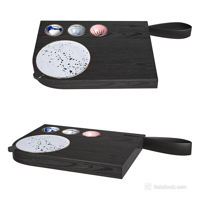 Elegant Black Wooden Kitchen Tray With Small Bowls Large Round Plate Handle 3d model 
