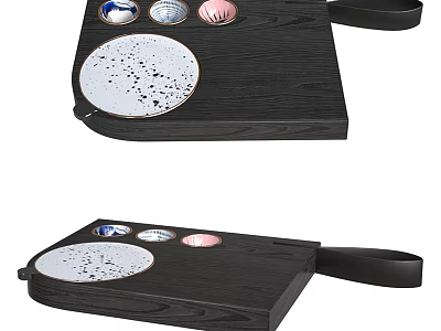 Elegant Black Wooden Kitchen Tray With Small Bowls Large Round Plate Handle 3d model