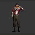 Game Movie Character In Red Coat Brown Pants With Helmet And Bandaged Hands Gesturing