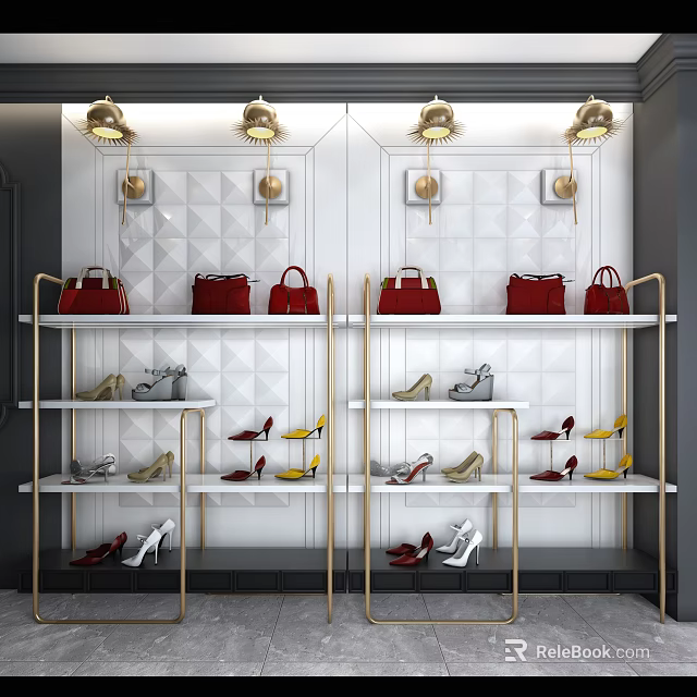 Modern Display Shelves With Red Handbags Shoes Golden Lighting And Geometric Wall 3d model 