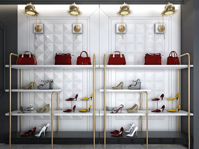 Modern Display Shelves With Red Handbags Shoes Golden Lighting And Geometric Wall 3d model