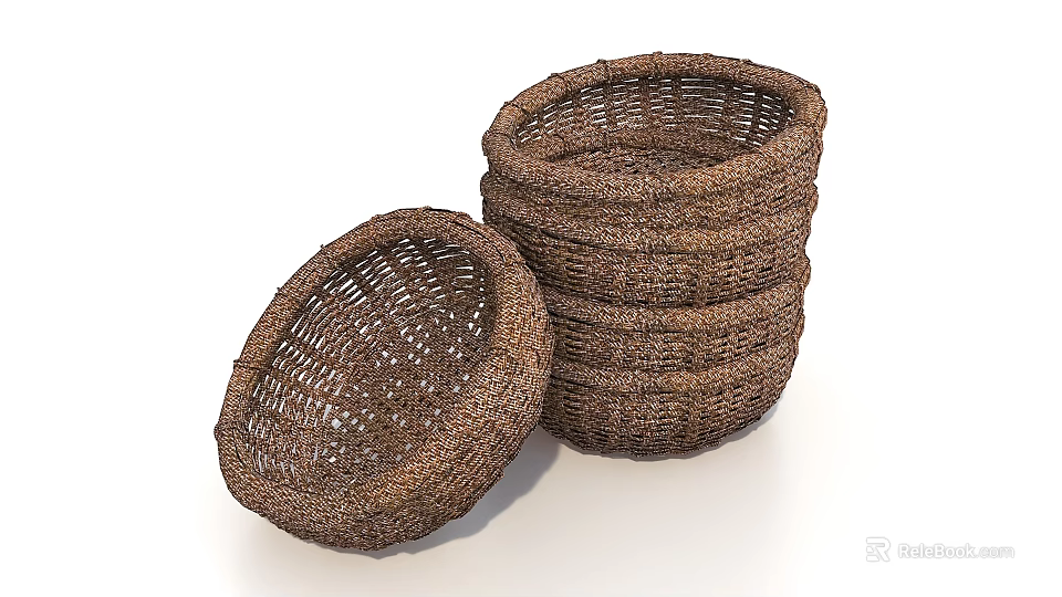 Set Of Brown Woven Textured Baskets For Decoration 3d model 