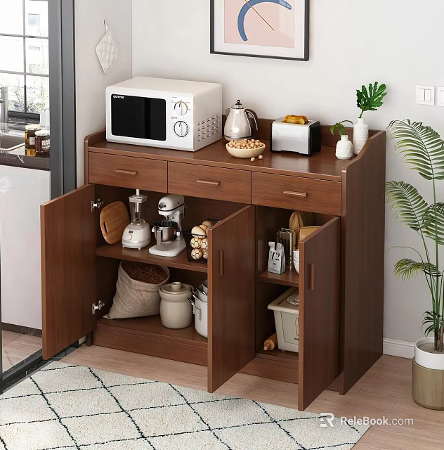 Wooden Sideboard with Microwave Teapot Fruits Green Plant and Open Storage Drawers for Kitchen Supplies 3d model 