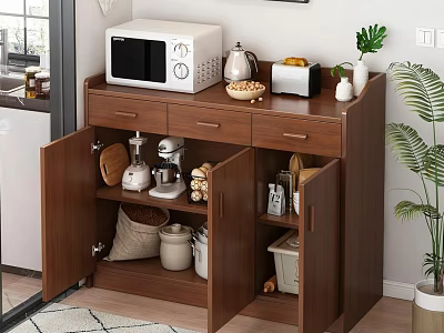Wooden Sideboard with Microwave Teapot Fruits Green Plant and Open Storage Drawers for Kitchen Supplies 3d model