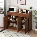 Wooden Sideboard with Microwave Teapot Fruits Green Plant and Open Storage Drawers for Kitchen Supplies