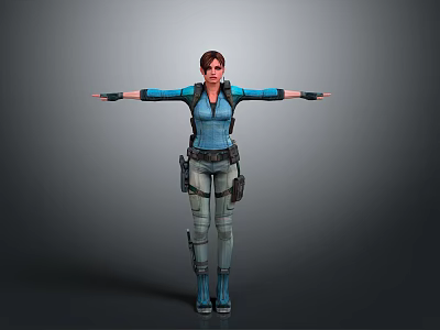 Woman in Blue Tactical Outfit With Utility Belt Backpack Standing Arms Outstretched 3d model