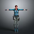 Woman in Blue Tactical Outfit With Utility Belt Backpack Standing Arms Outstretched