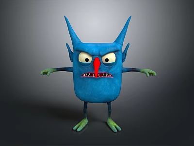 Blue Cartoon Monster Character With Horns Big Eyes Red Nose And Green Limbs 3d model