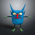 Blue Cartoon Monster Character With Horns Big Eyes Red Nose And Green Limbs