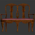 Classical Wooden Bench With Carved Backrest Armrests And Red White Checkered Upholstery