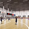 Indoor Basketball Court With Players Playing Basketball On Wooden Floor And Bright Lighting