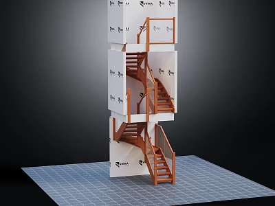 Wooden Stairs Connecting White Cubes With Black Patterns On Sides And Gray Grid Platform 3d model