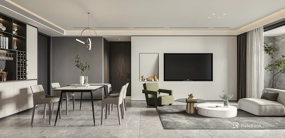 Modern Dining and Living Room Interior With Dining Table Chairs Green Plant TV Armchair Rug 3d model 