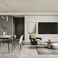 Modern Dining and Living Room Interior With Dining Table Chairs Green Plant TV Armchair Rug