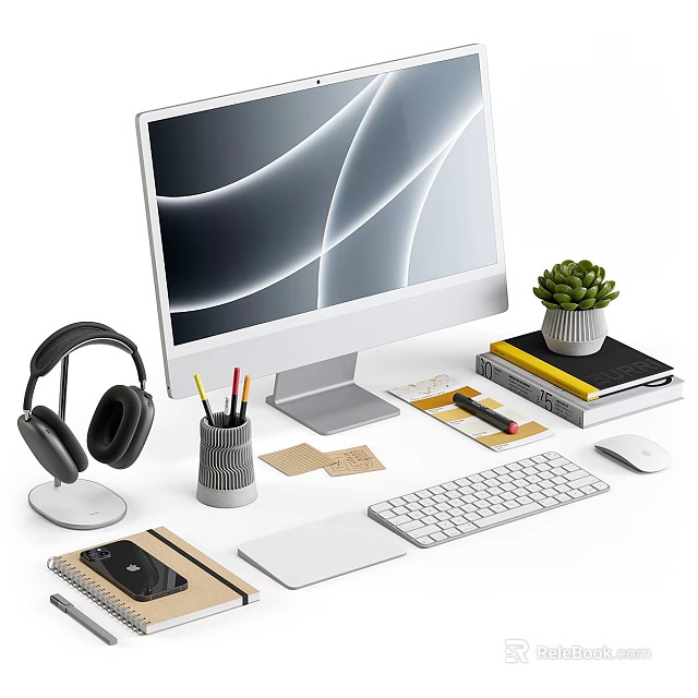 Modern Desktop Workspace With Monitor Headphones Keyboard And Office Supplies 3d model 